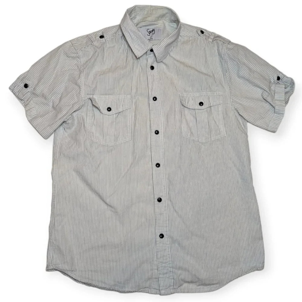 Stray Collared White and Grey Snap Button Down Cuffed Short  Sleeve L Men